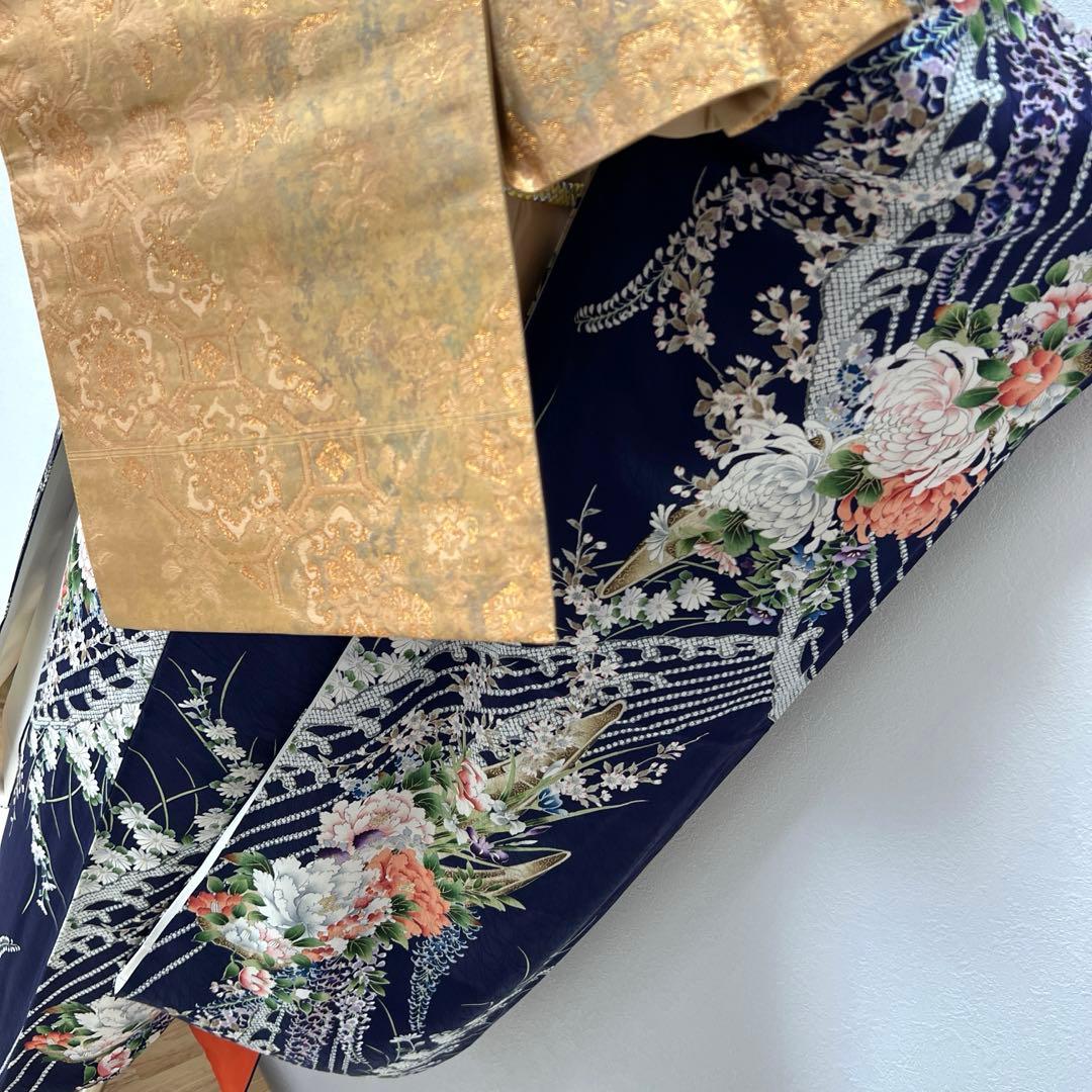 400 振袖フルセット 正絹 紺 ネイビー 紫 金彩 手描き 総柄 華やか 小紋