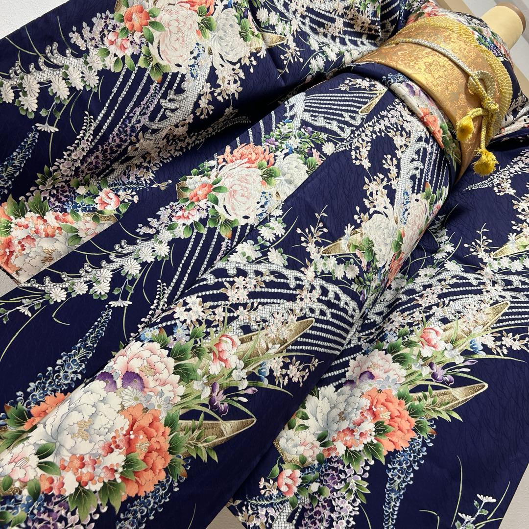 400 振袖フルセット 正絹 紺 ネイビー 紫 金彩 手描き 総柄 華やか 小紋