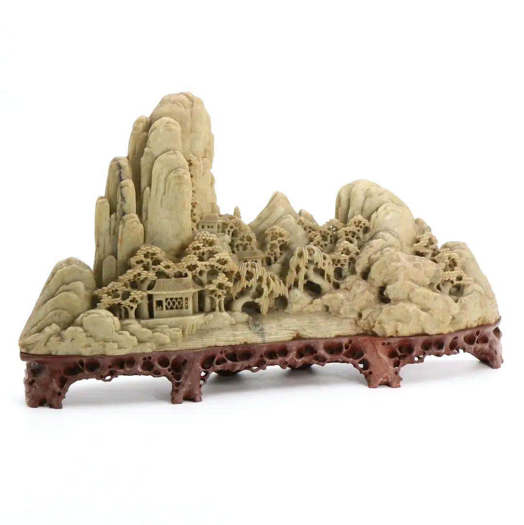 中国 寿山石楼閣山水雕 床飾 置物 彫刻　V306　KZ