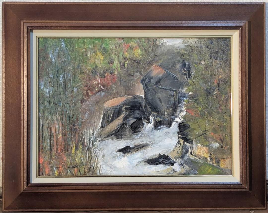 【真作】絵画　油彩4号　山の水辺風景　荒々しい水の流れと自然の息吹　X60