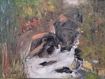 【真作】絵画　油彩4号　山の水辺風景　荒々しい水の流れと自然の息吹　X60