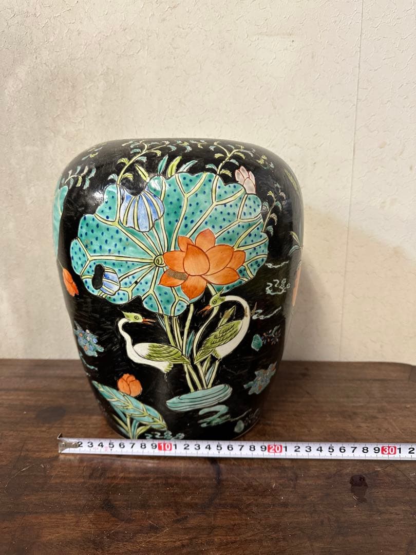 中国　五彩　粉彩　染付　壺　蓮鴨図　古美術　アンティーク　時代物