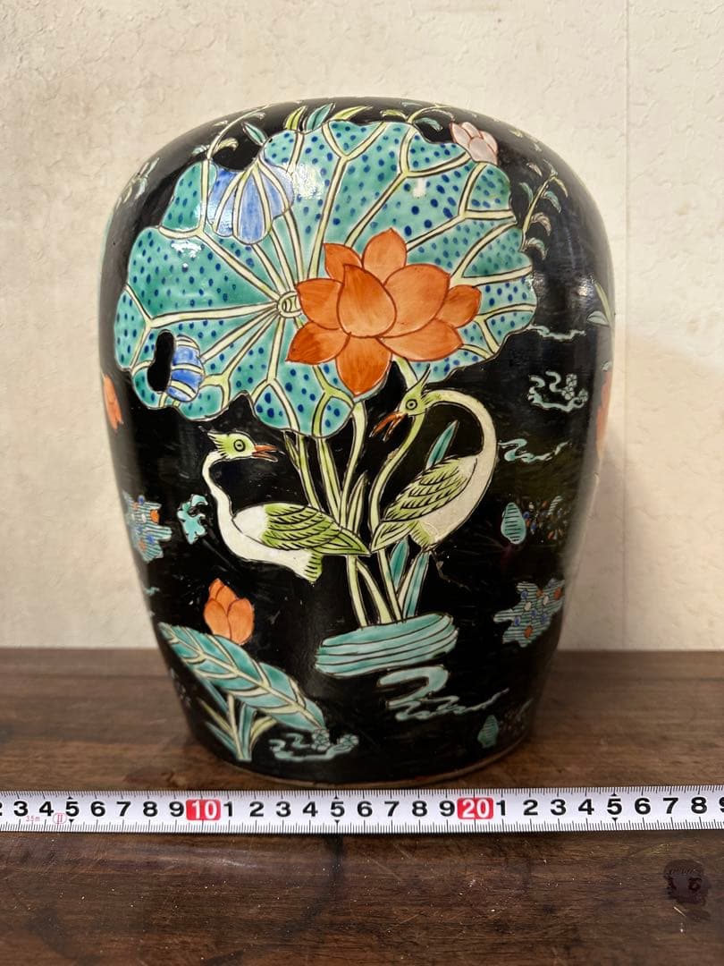 中国　五彩　粉彩　染付　壺　蓮鴨図　古美術　アンティーク　時代物