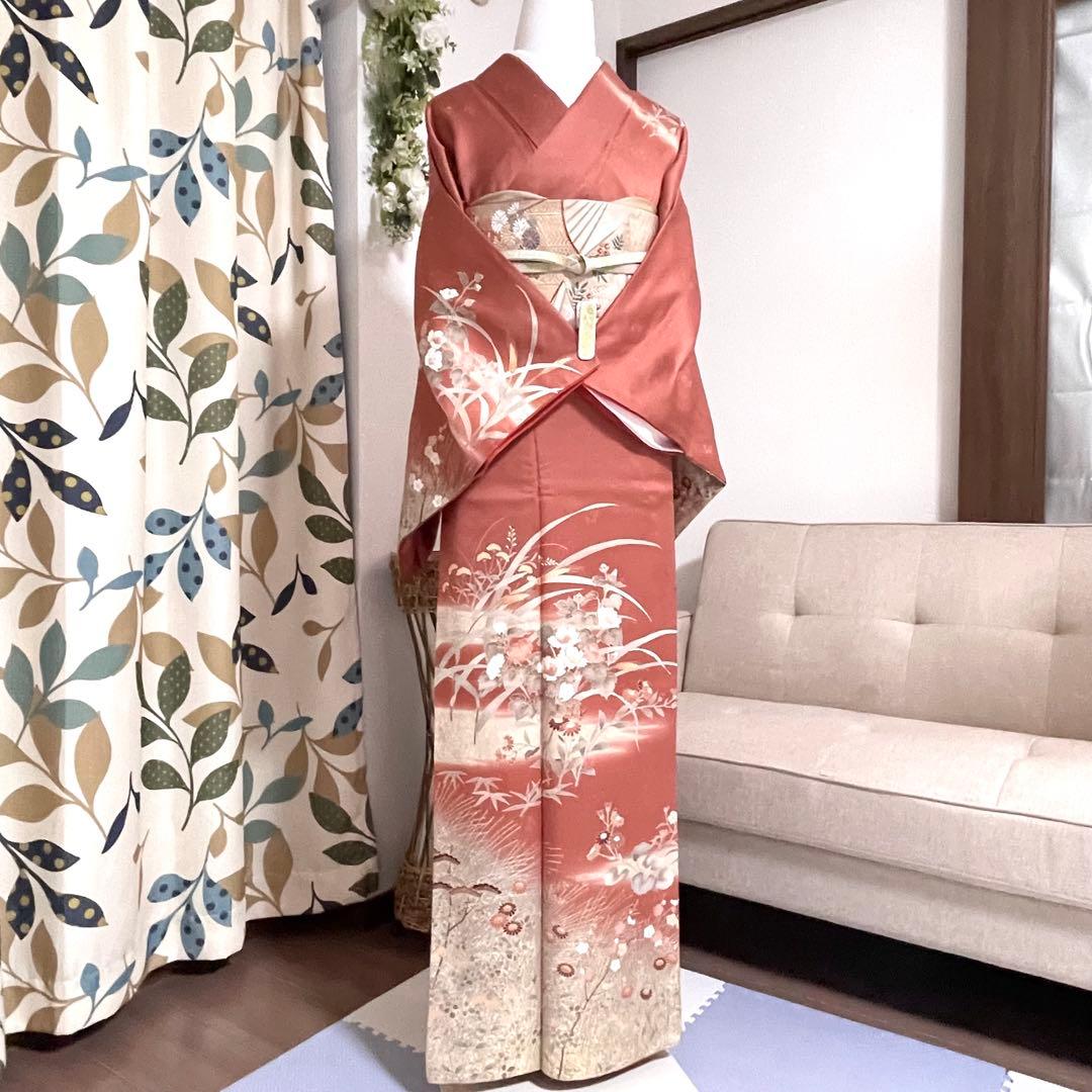 オレンジ　友禅 4点 フルセット 訪問着 入学式 卒業式 入園式 春 秋 冬