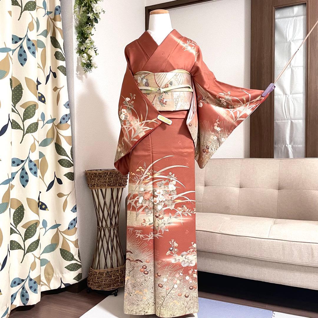 オレンジ　友禅 4点 フルセット 訪問着 入学式 卒業式 入園式 春 秋 冬