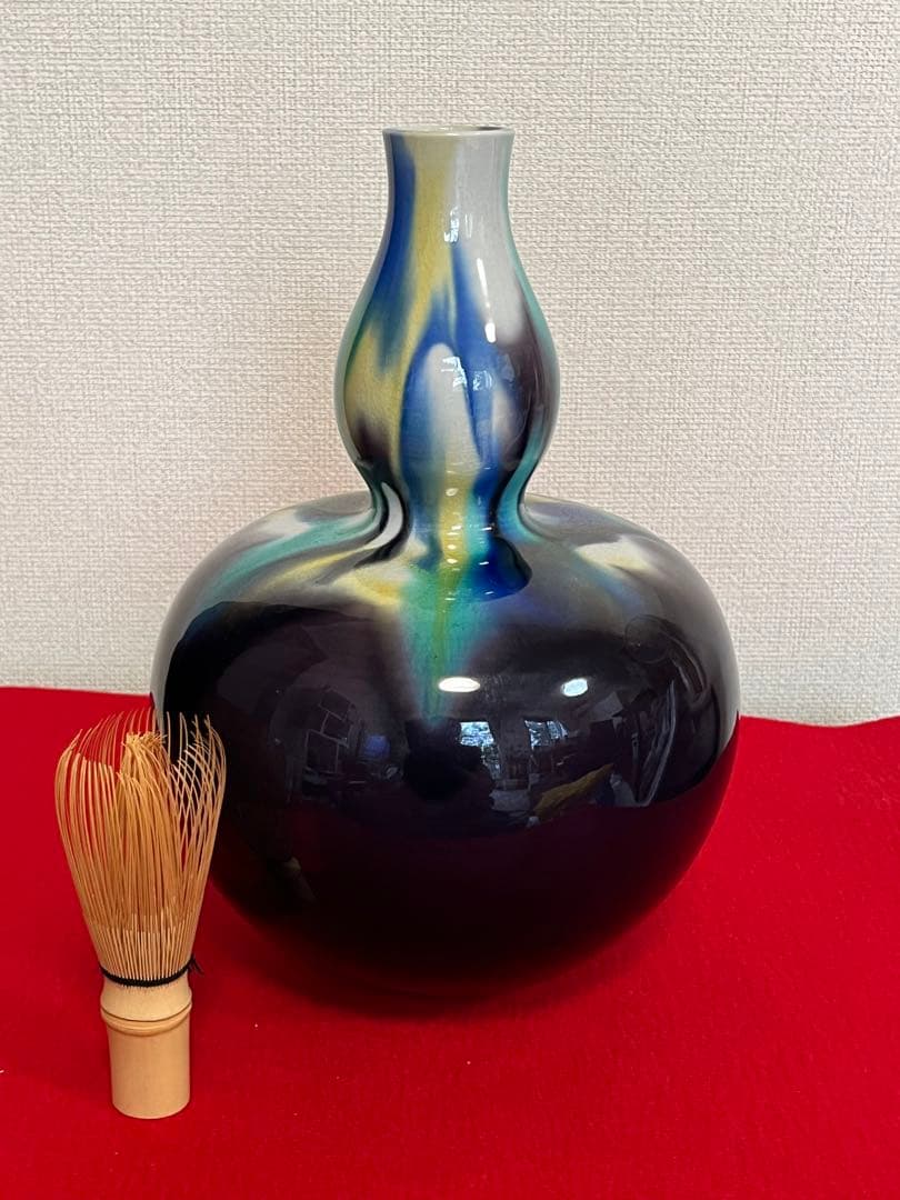 【特大】 人間国宝 三代 徳田八十吉  (正彦銘) 彩釉 瓢型 花入 T198