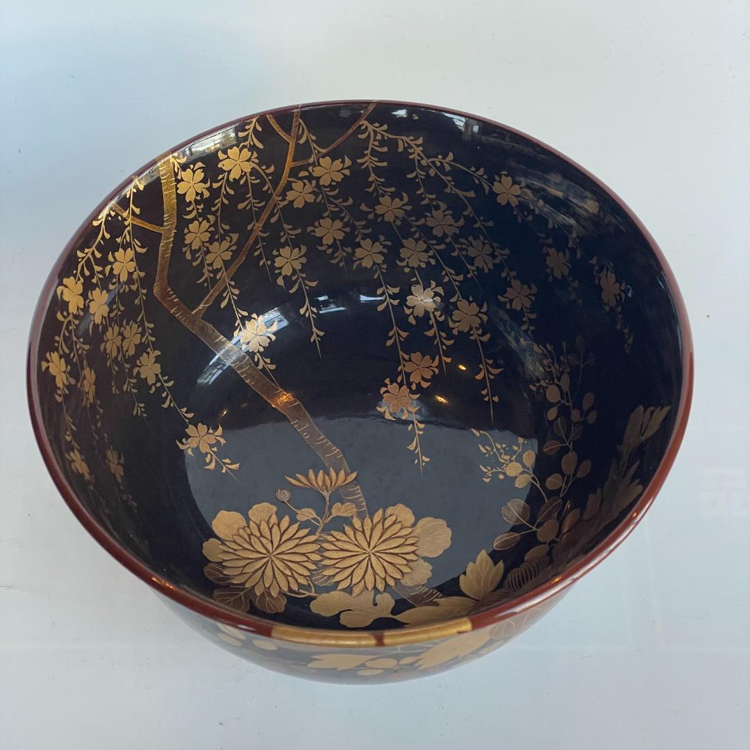 時代 金蒔絵 螺鈿 盃洗 漆 大茶椀 枝垂れ桜 さくら 菊 椿 美品