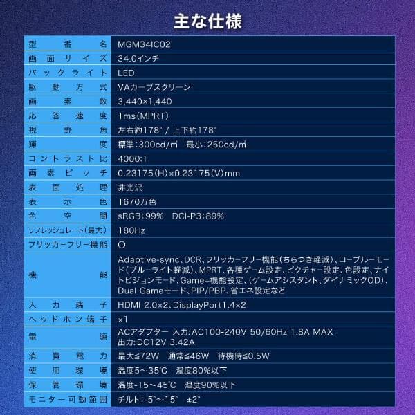 MAXZEN MGM34IC02　モニター　34型
