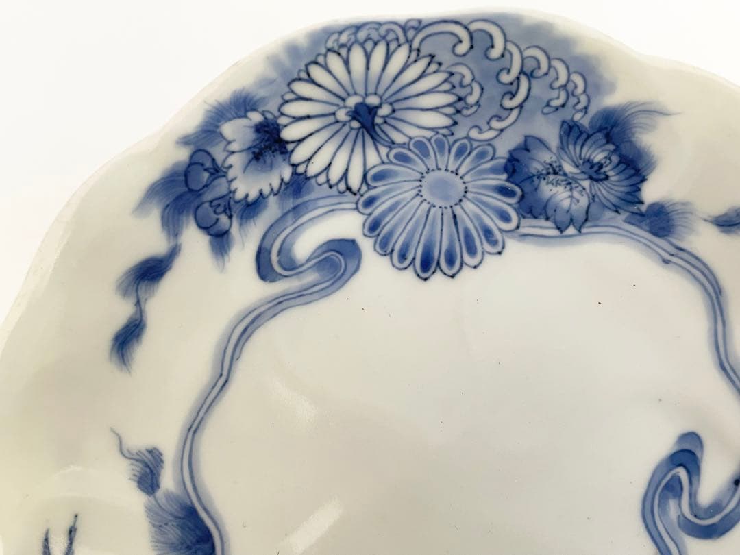 #1骨董　アンティーク　藍柿右衛門　染付　菊雲鶴文様　輪花皿　高脚皿　古伊万里