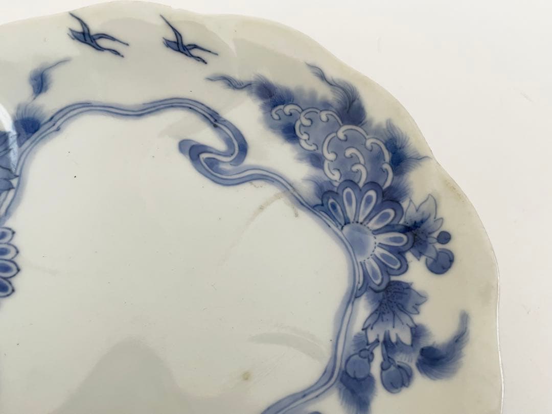 #1骨董　アンティーク　藍柿右衛門　染付　菊雲鶴文様　輪花皿　高脚皿　古伊万里