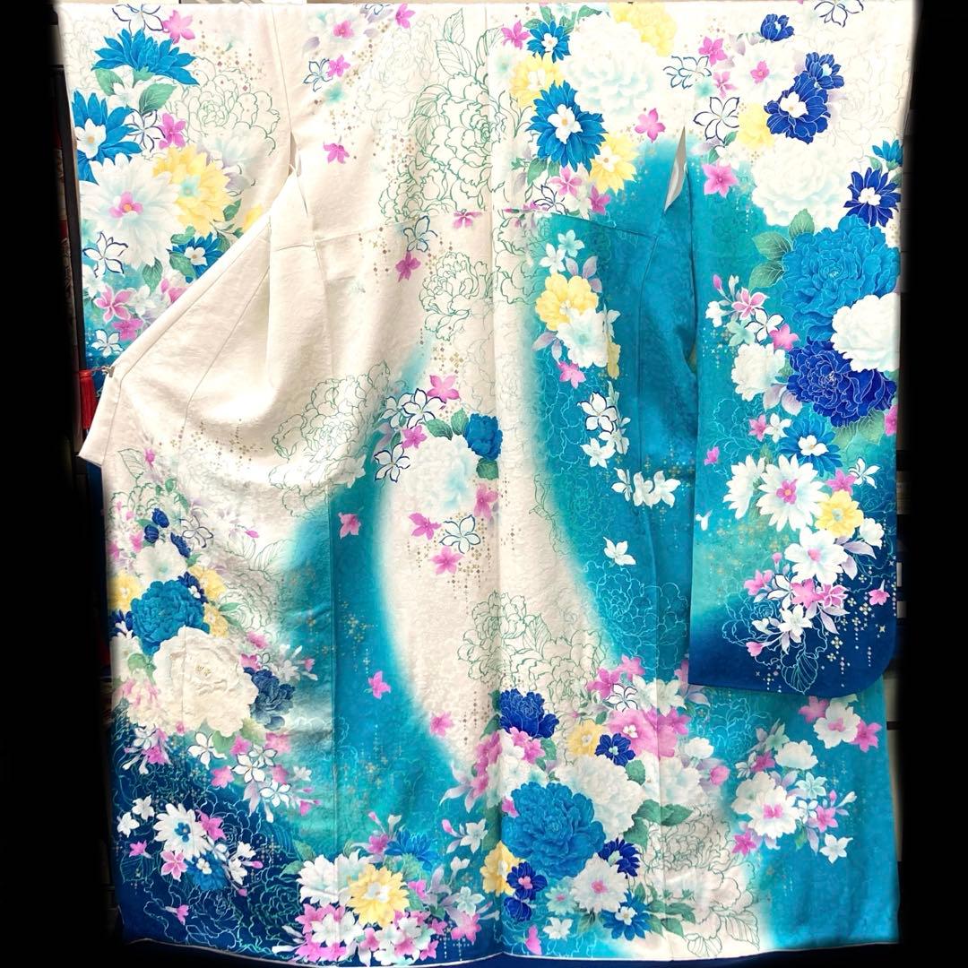 ☆中古品☆振袖　単品　正絹　白・青系ラメ入り花模様B級品ヤケ有り振袖