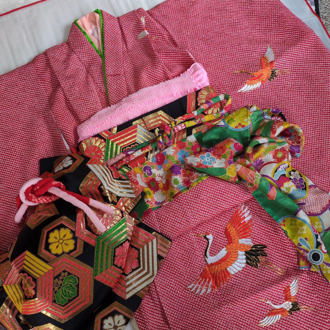 七五三７歳赤色総絞りのお着物と作り帯、帯揚げ帯締めとしごきのセット（長襦袢付き）