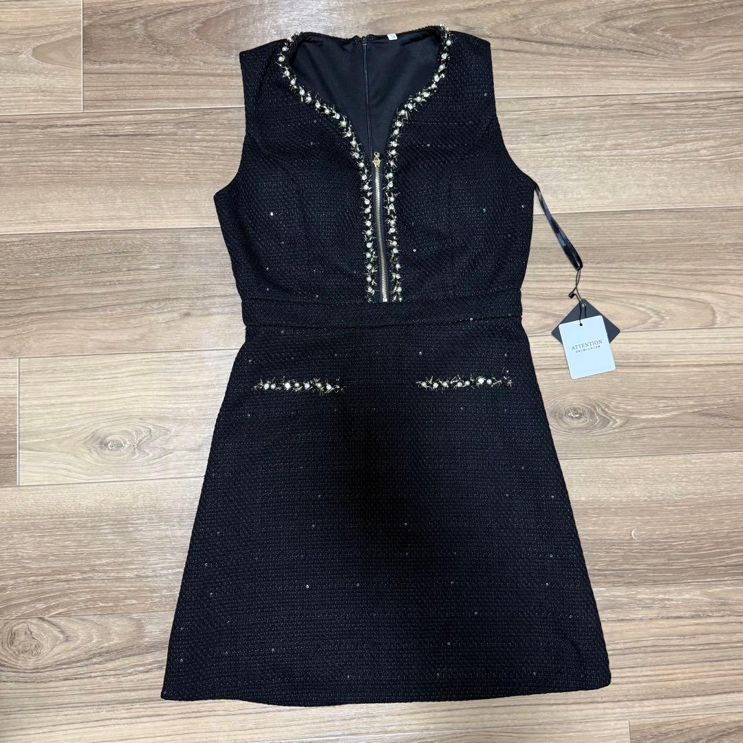 スパンコールツイードジップアップミニドレス/キャバドレス