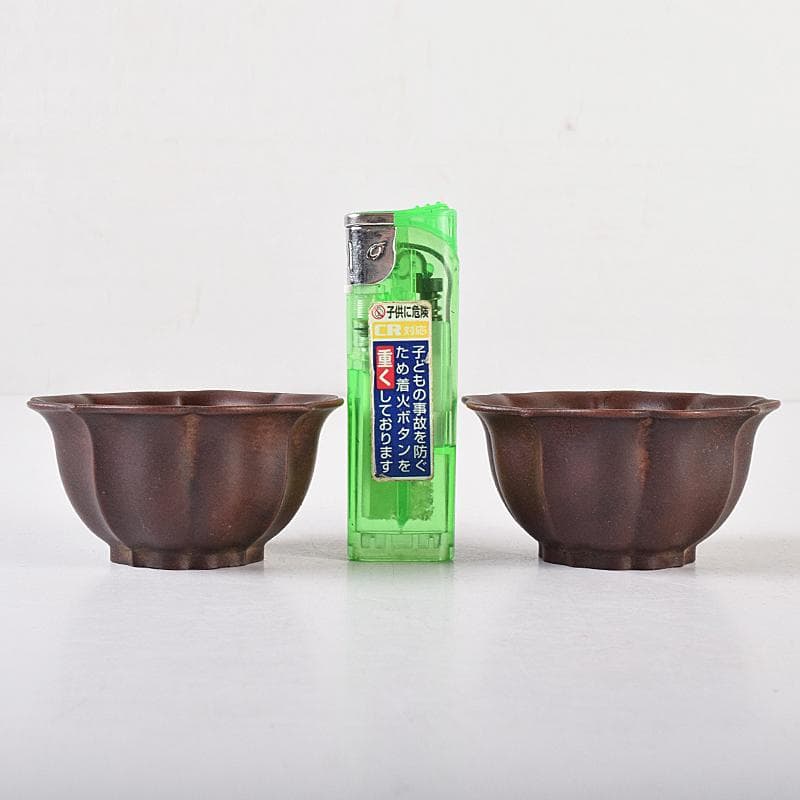 中国　中国宣興銘　紫砂朱泥　輪花碗　一對　V　8064E