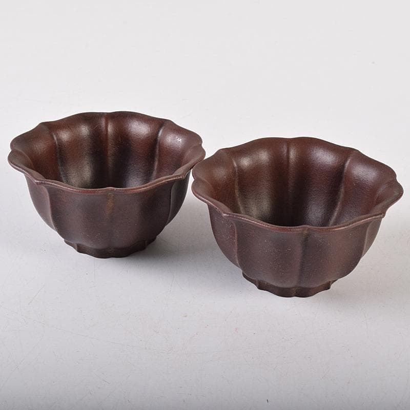 中国　中国宣興銘　紫砂朱泥　輪花碗　一對　V　8064E