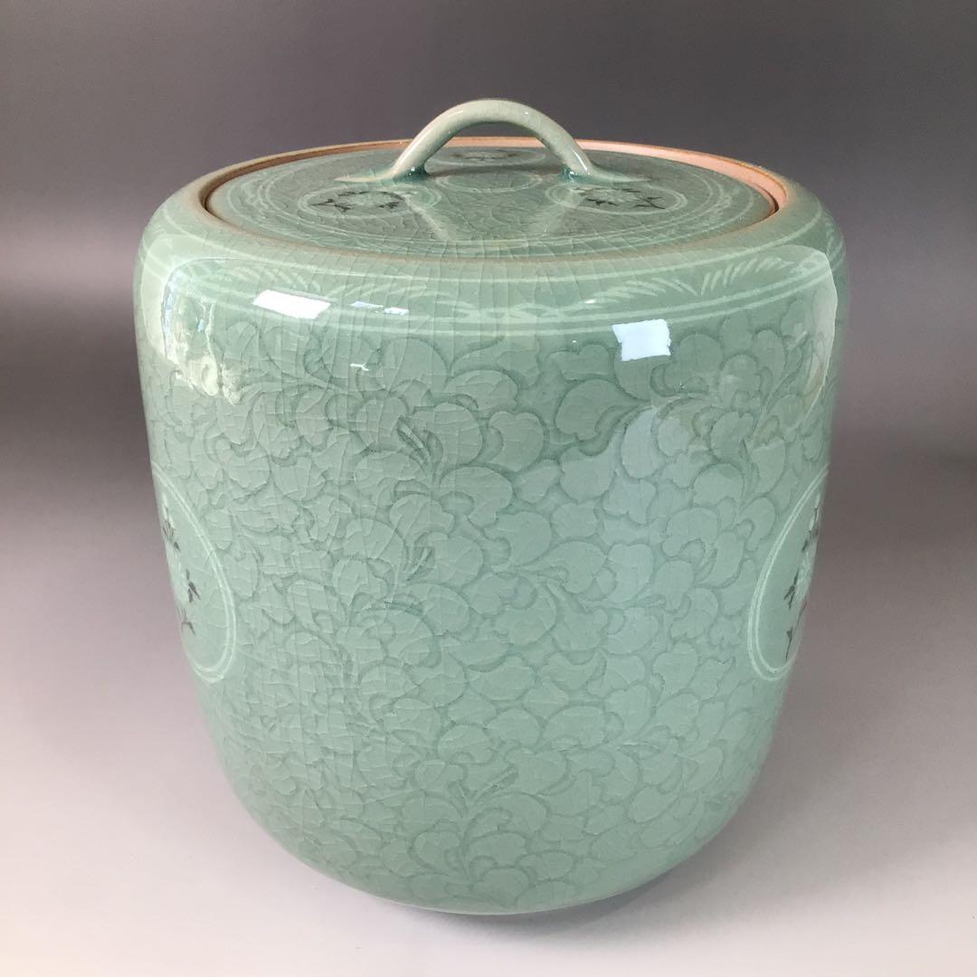 Ｒ７６５　水指　『青珍窯　梁命煥造』『高麗青磁水指』　共箱　茶道具