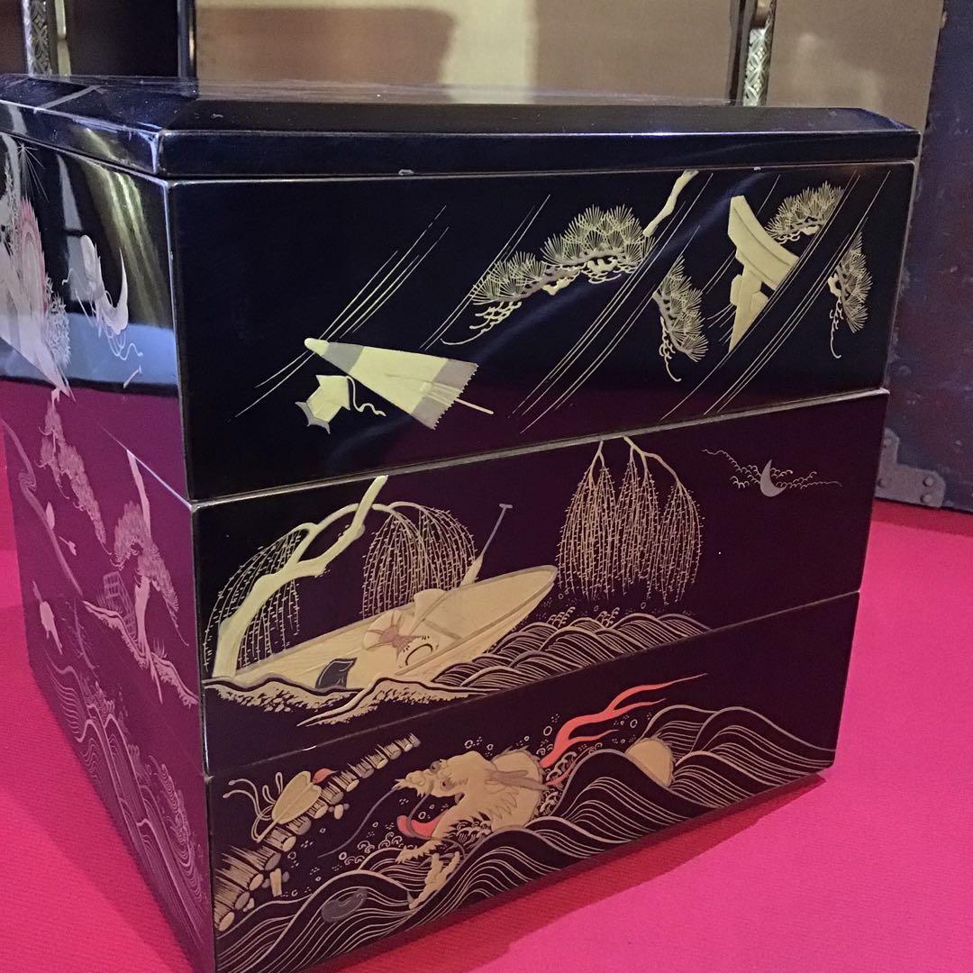 金高盛蒔絵　野弁当重　錫徳利　時代箱付　江戸期