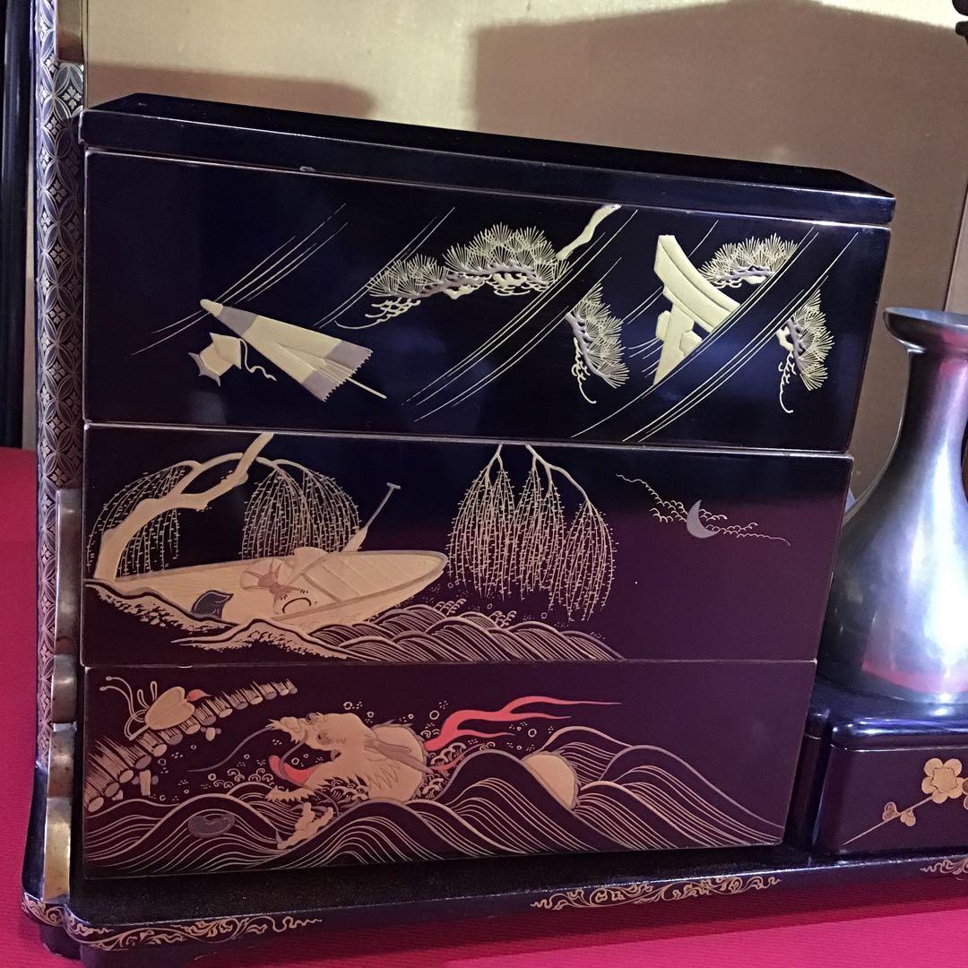 金高盛蒔絵　野弁当重　錫徳利　時代箱付　江戸期