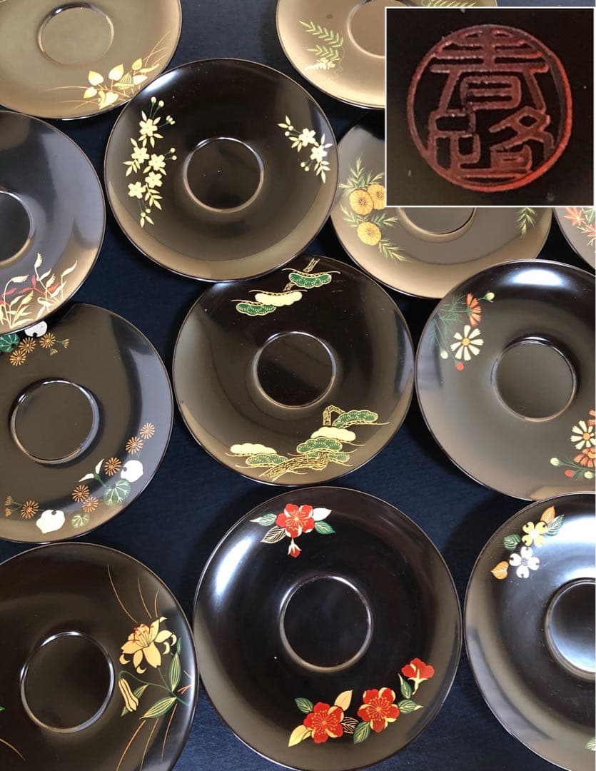 《R》煎茶 絵変り草花蒔絵 茶托12客 橋本春路作 251016い3