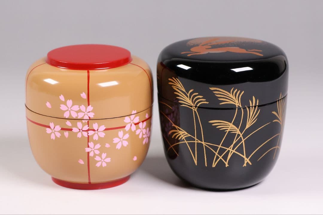 茶道具 棗 2点 ぼんぼり 月と兎 木製 黒塗 白塗 / 土居義峰【CM348】