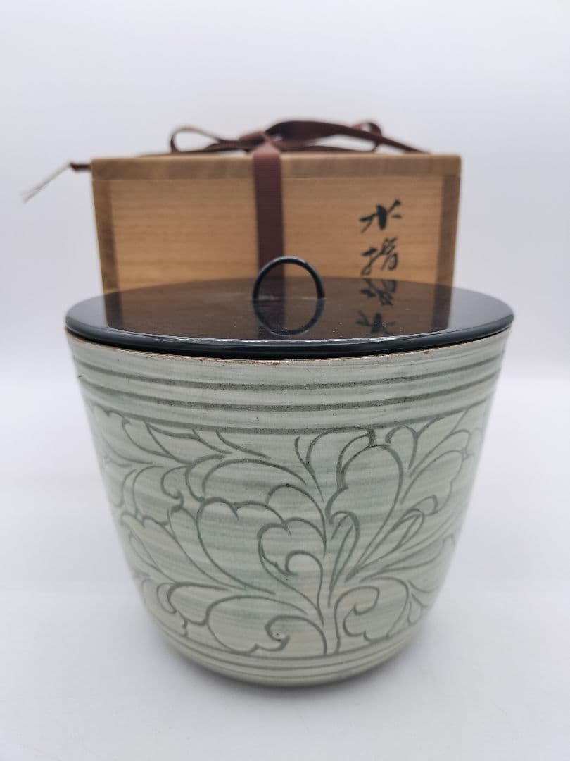 c499 水指 掻落 草花 廣州窯 趙小守 木箱 茶道具 古物