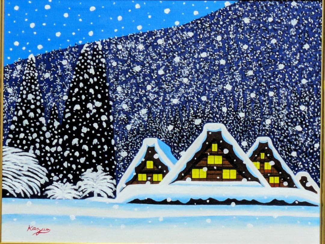 ★冬の白川郷・肉筆油彩画・F6キャンバス