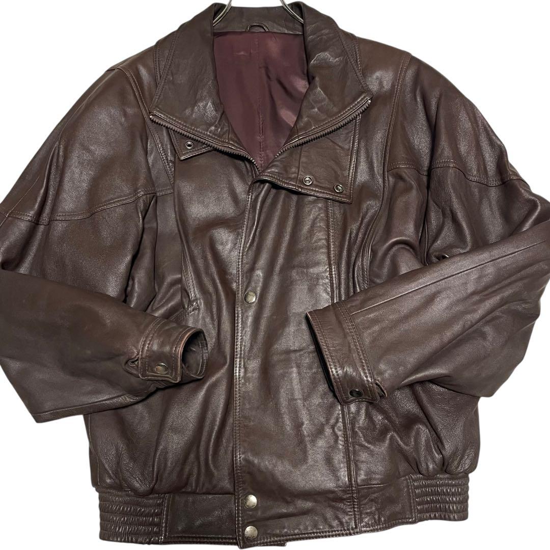 【vintage】牛革 本革 カウレザーシングルライダースジャケット ブラウンL
