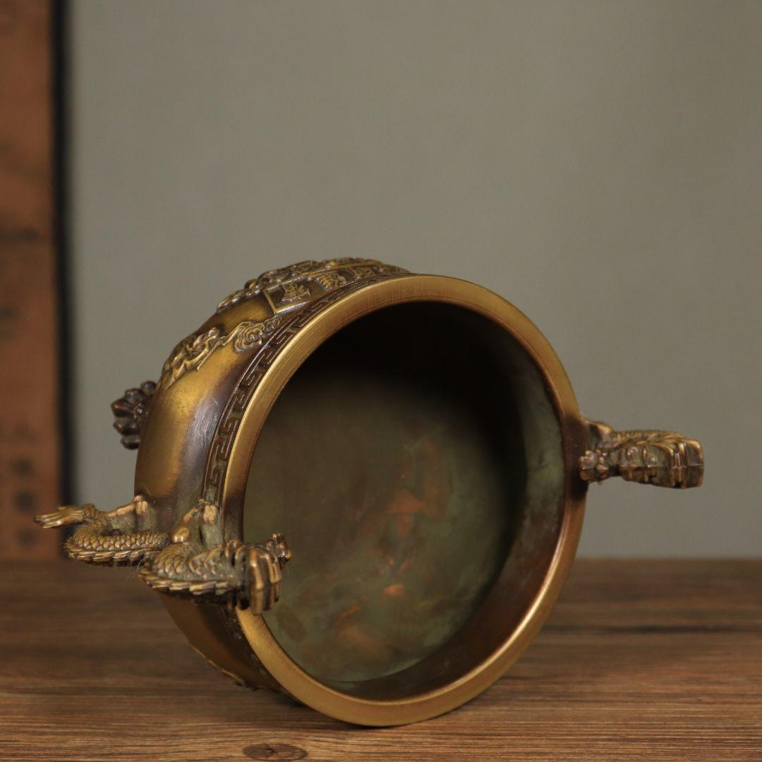 銅器 香炉 双龍耳蓮華香炉 三足鼎 仏堂挿香香炉 双龍炉 装飾品 工芸品 置物