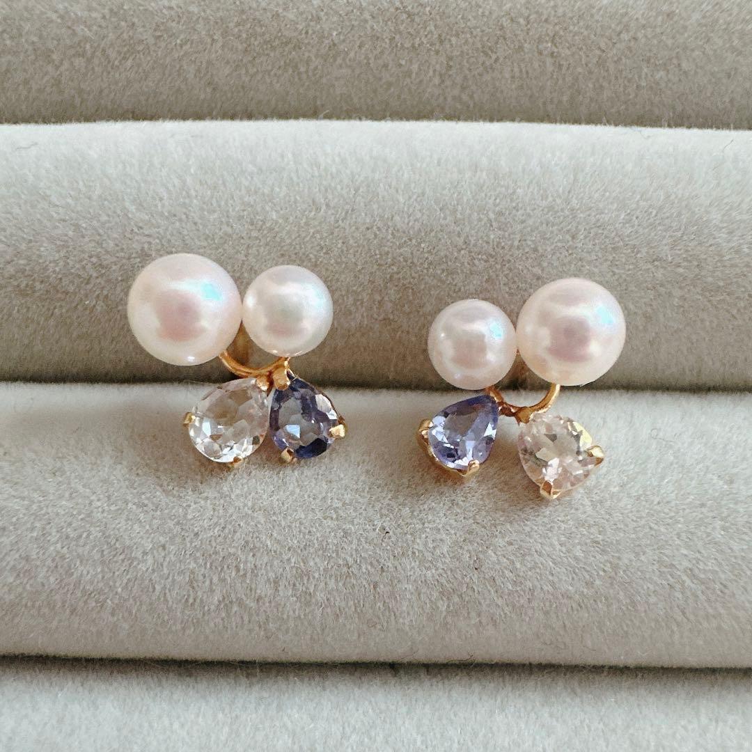 K18YG 18金 パール タンザナイト ホワイトトパーズ ピアス