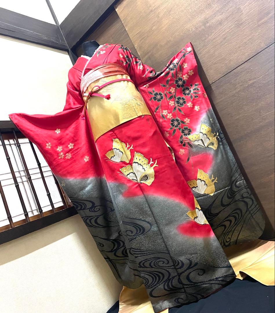 振袖 フルセット6点サイズM〜L赤黒蝶模様 金駒刺繍　正絹売り切り終了