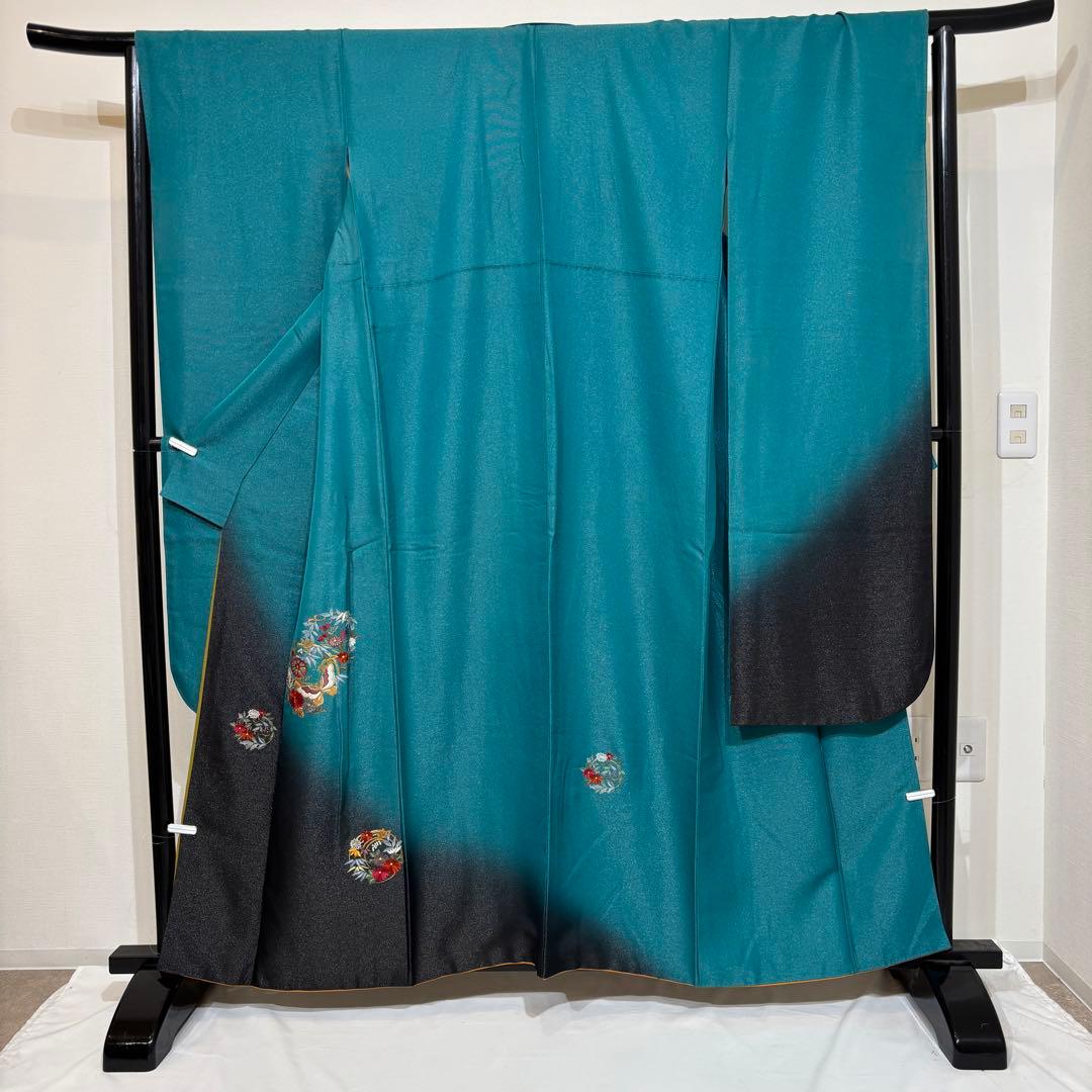 【豪華】振袖　青緑　刺繍　スワトウ　成人式　正絹　身丈154 裄丈65 f7