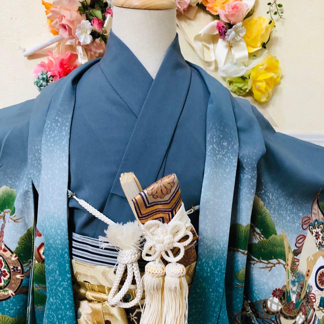 七五三5歳完全フルセット‼️豪華青系兜鷹金彩煌びやか⭐︎袴金蘭刺繍豪華逸品