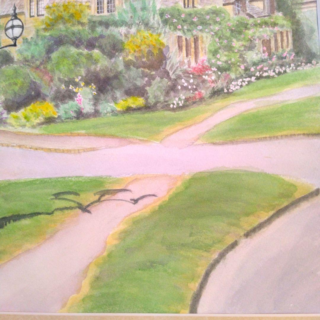 「古風な街灯の立つ街並み」水彩画・風景画・イギリス・コッツウォルズ