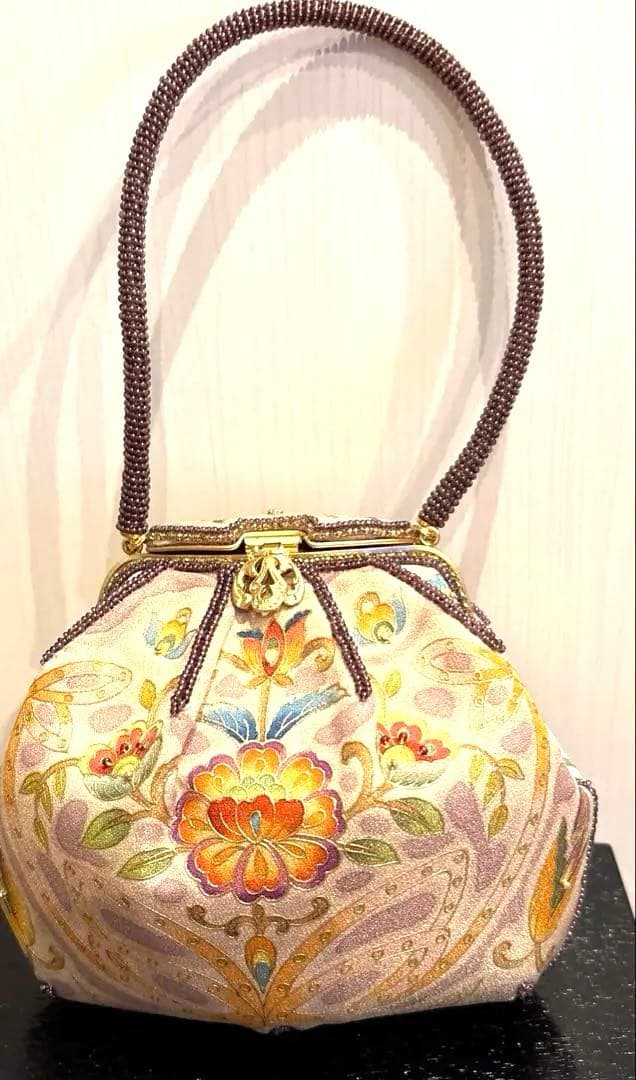 極美品 京都 岡重 OKAJIMA オカジマ ビーズバッグ シルク 和装バッグ
