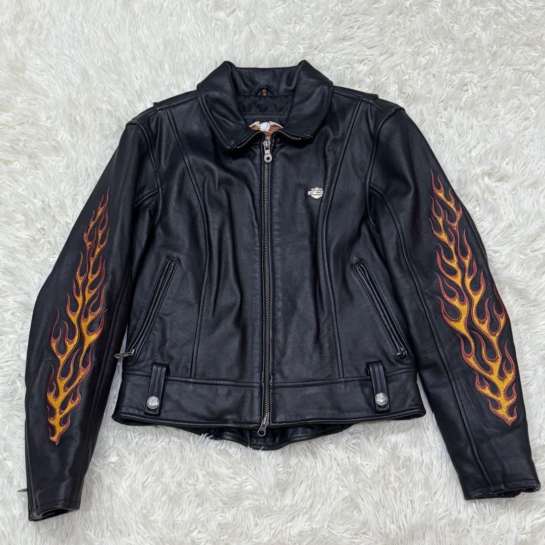 ハーレーダビッドソン　シングルライダースジャケット　S　ファイヤーパターン　刺繍