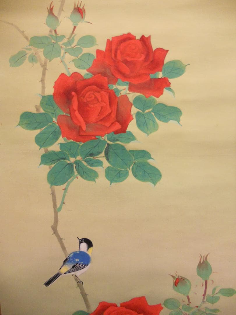 掛け軸 道成 薔薇に小鳥 絹本 希少 軸装 茶道具 掛軸 美品 です。