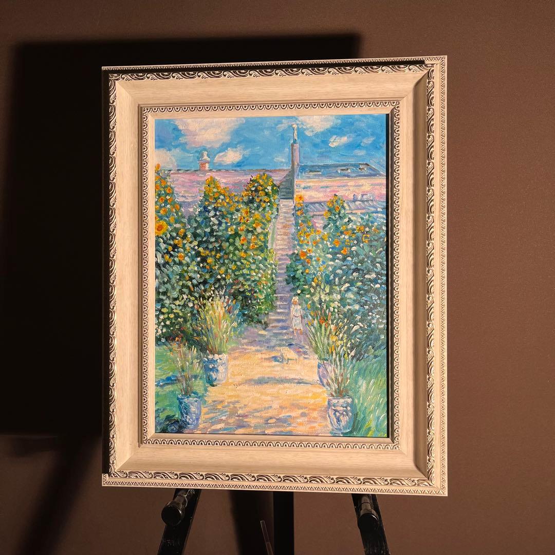 ★秀作★手書き油絵 クロード・モネ ヴェトゥイユの画家の庭 額付 絵画 油彩画
