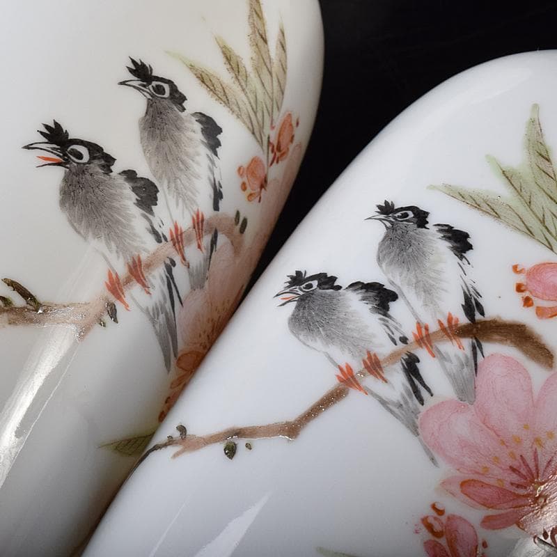 中国　中国景徳鎮製　薄胎　粉彩　漢詩花鳥文瓶　一對　C　R8384