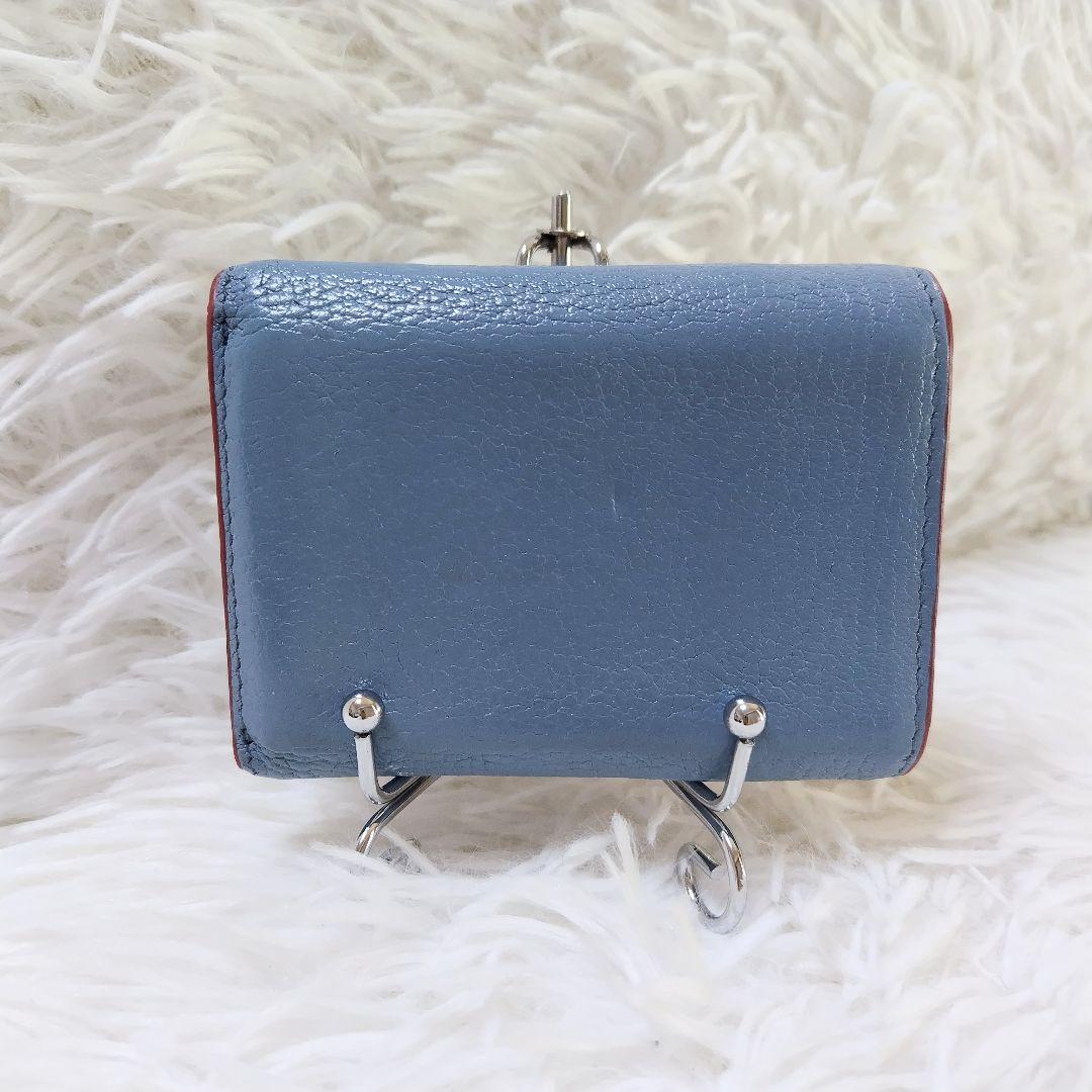 レア美品✨ミュウミュウ◇ラブレター三つ折り財布　マドラスレザーゴールド金具水色