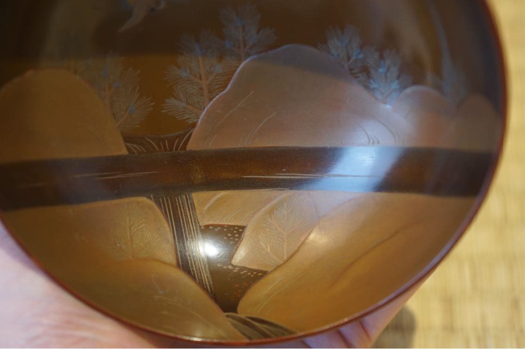 松に鶴・山水図蒔絵 溜塗 吸物椀 2客/ 高級 木製漆器 祝儀 茶懐石