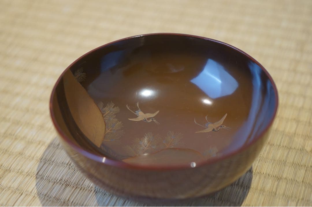 松に鶴・山水図蒔絵 溜塗 吸物椀 2客/ 高級 木製漆器 祝儀 茶懐石