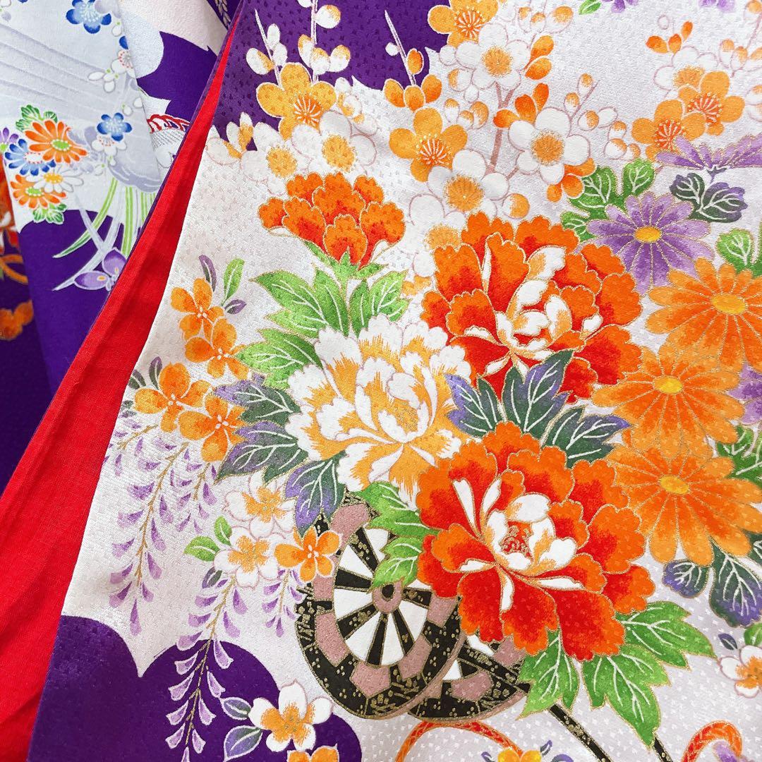 花柄パープル 振袖 着物ガウン 着物リメイク フォーマル 紫 N71118