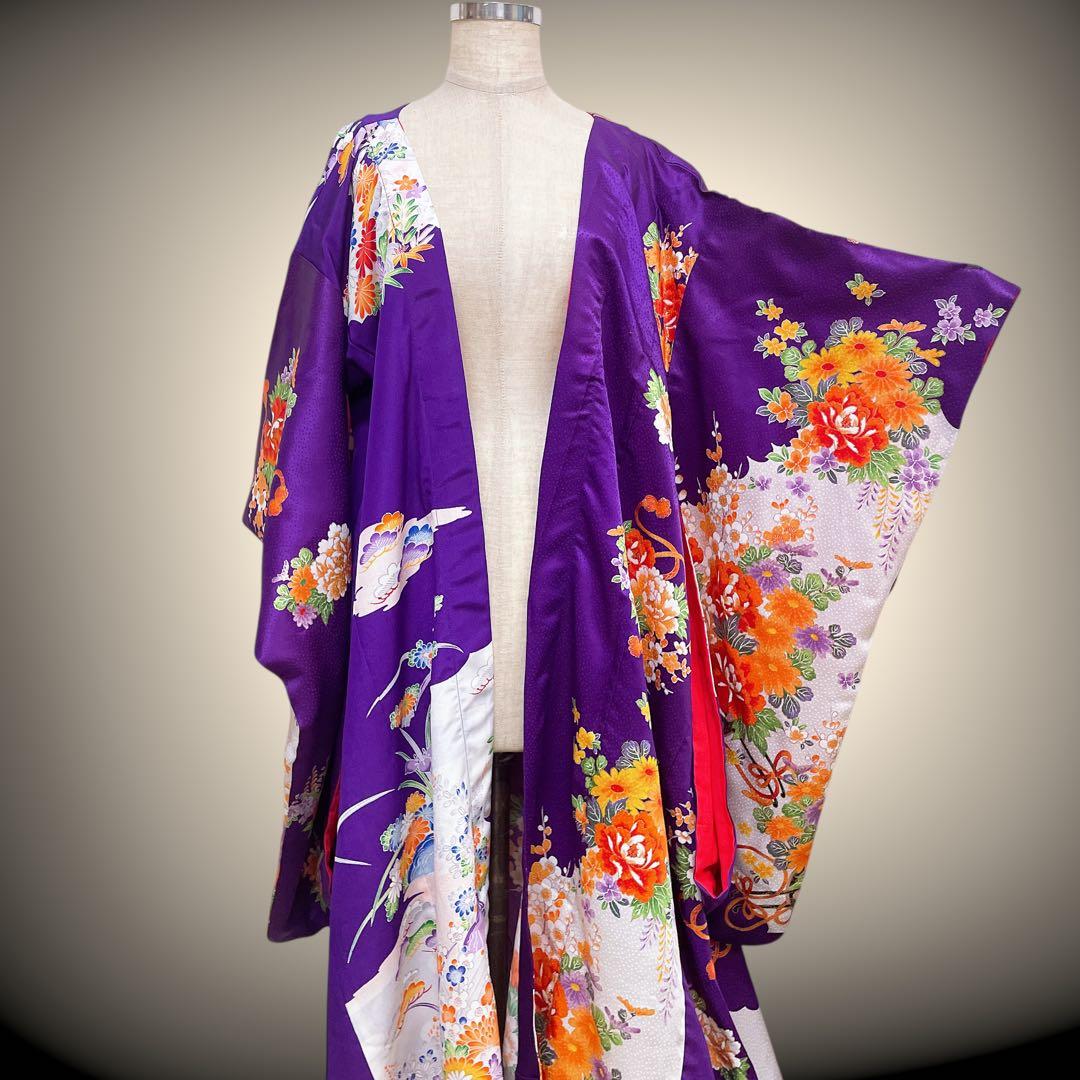 花柄パープル 振袖 着物ガウン 着物リメイク フォーマル 紫 N71118