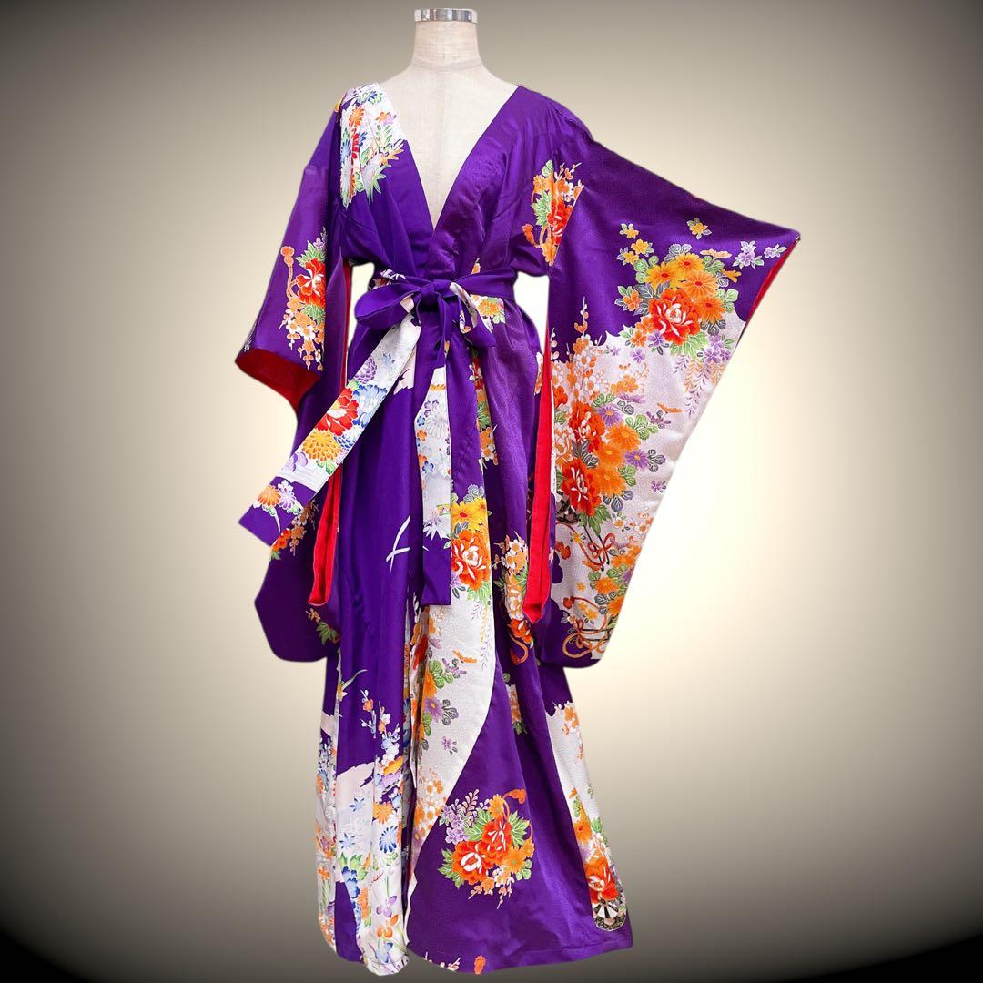 花柄パープル 振袖 着物ガウン 着物リメイク フォーマル 紫 N71118