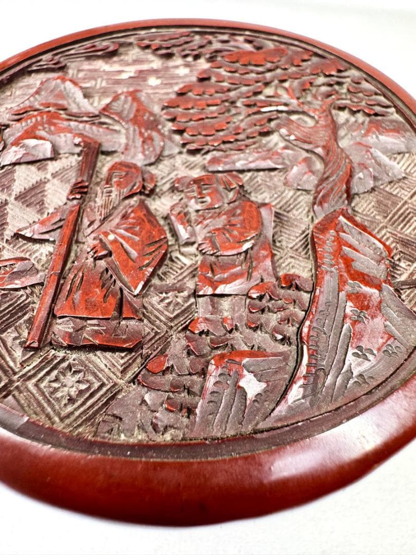 明時代 堆朱 木製剔紅彫松下高士紋蓋盒 共箱古代漆器 時代物 唐物WWWT086