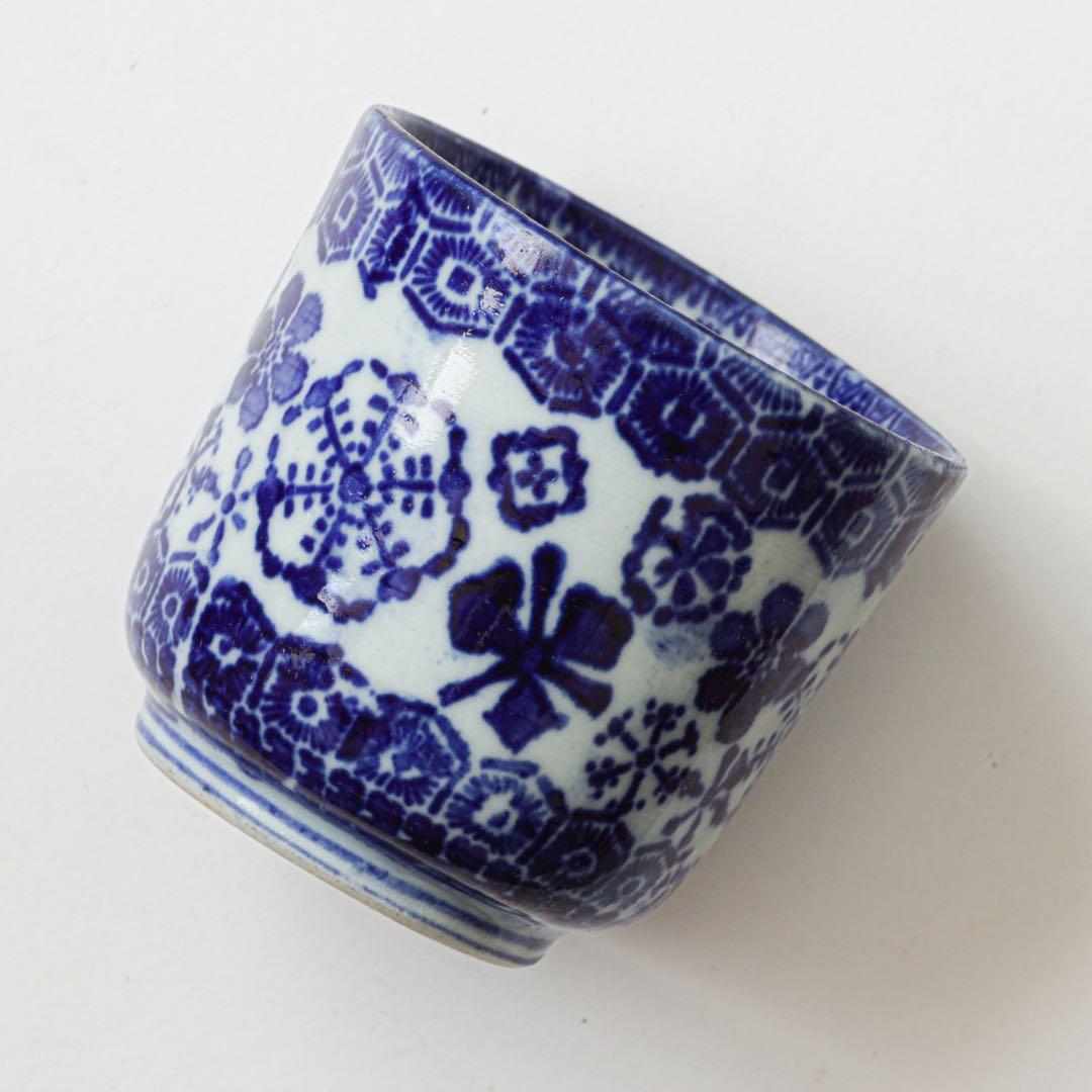 明治　大正　湯呑み　型紙摺　印判　雪輪　雪　結晶