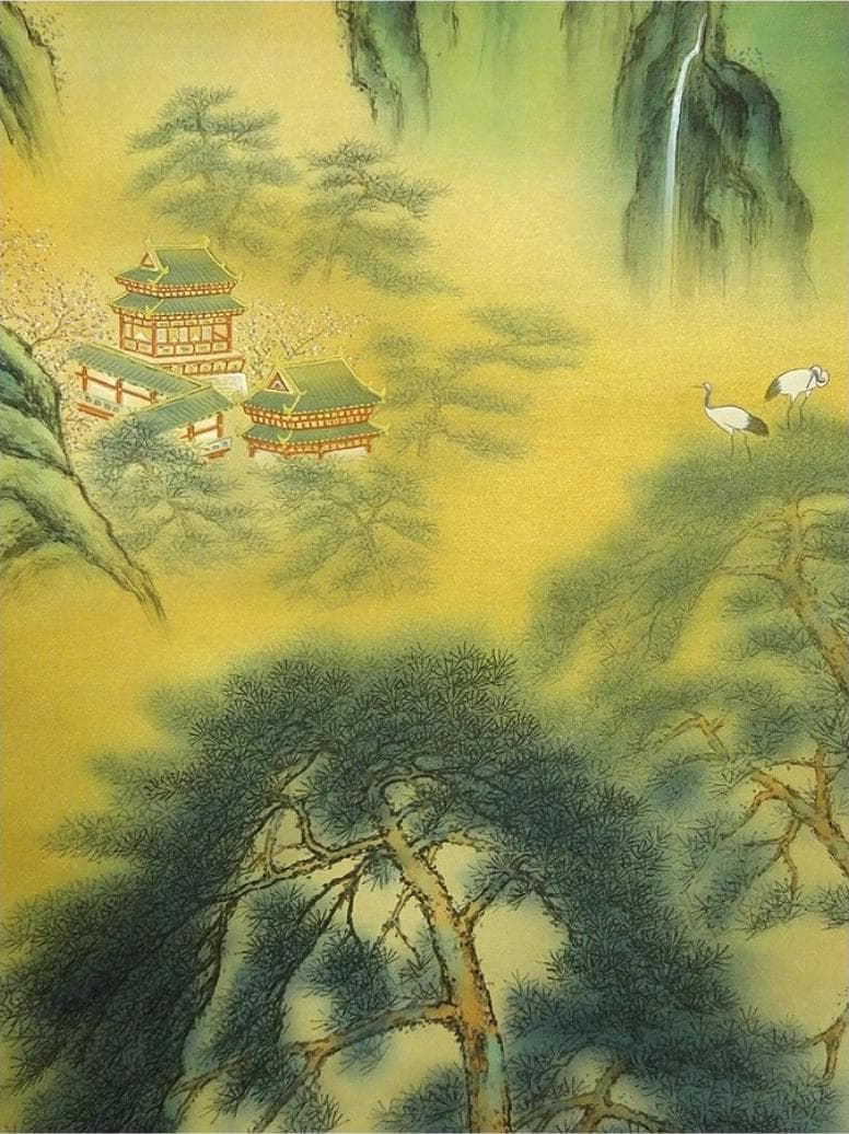 掛軸 松尾玲楓『蓬莱仙境 山水図』絹本 肉筆 共箱付 掛け軸 p11061