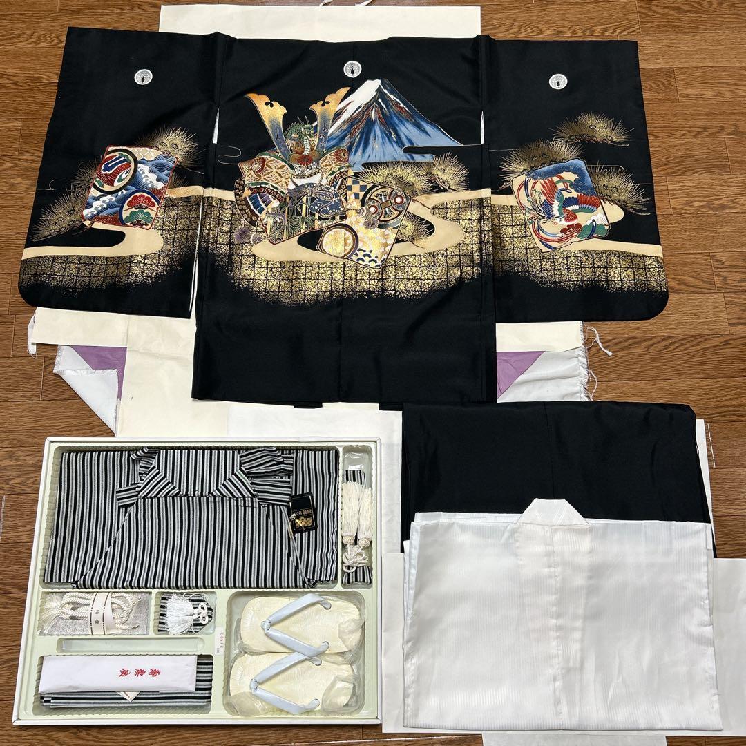 七五三 5歳 男の子 着物・袴セット 黒 かっこいい 富士山 兜 袴 七五三