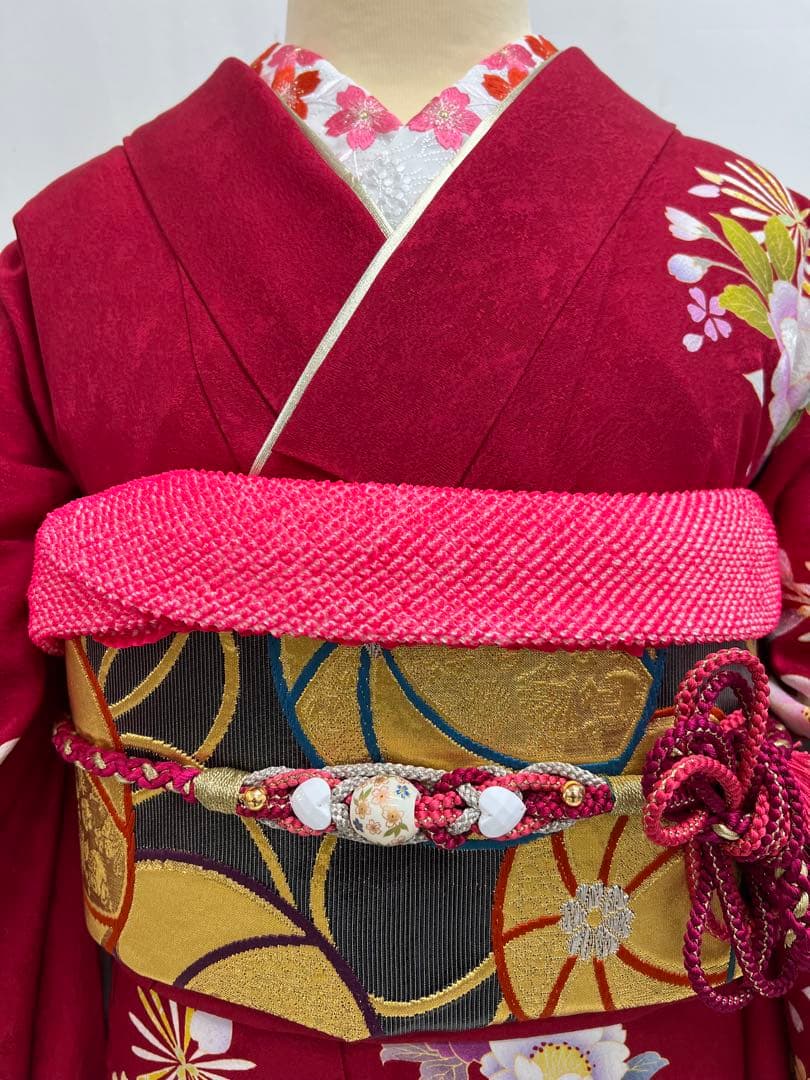 振り袖　フルセット　別誂長襦袢付　赤　成人式　金彩加工　刺繍入り　616