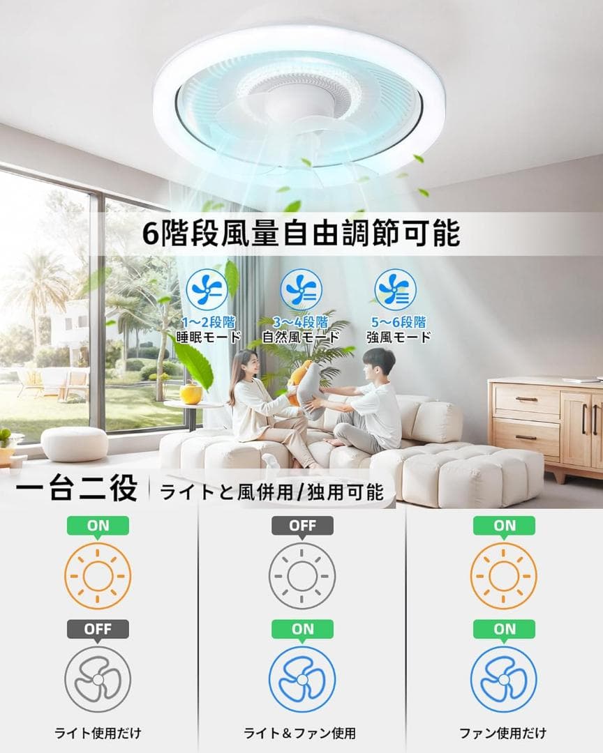 シーリングファンライト 50cmファン付き照明 360°首振り サーキュレーター